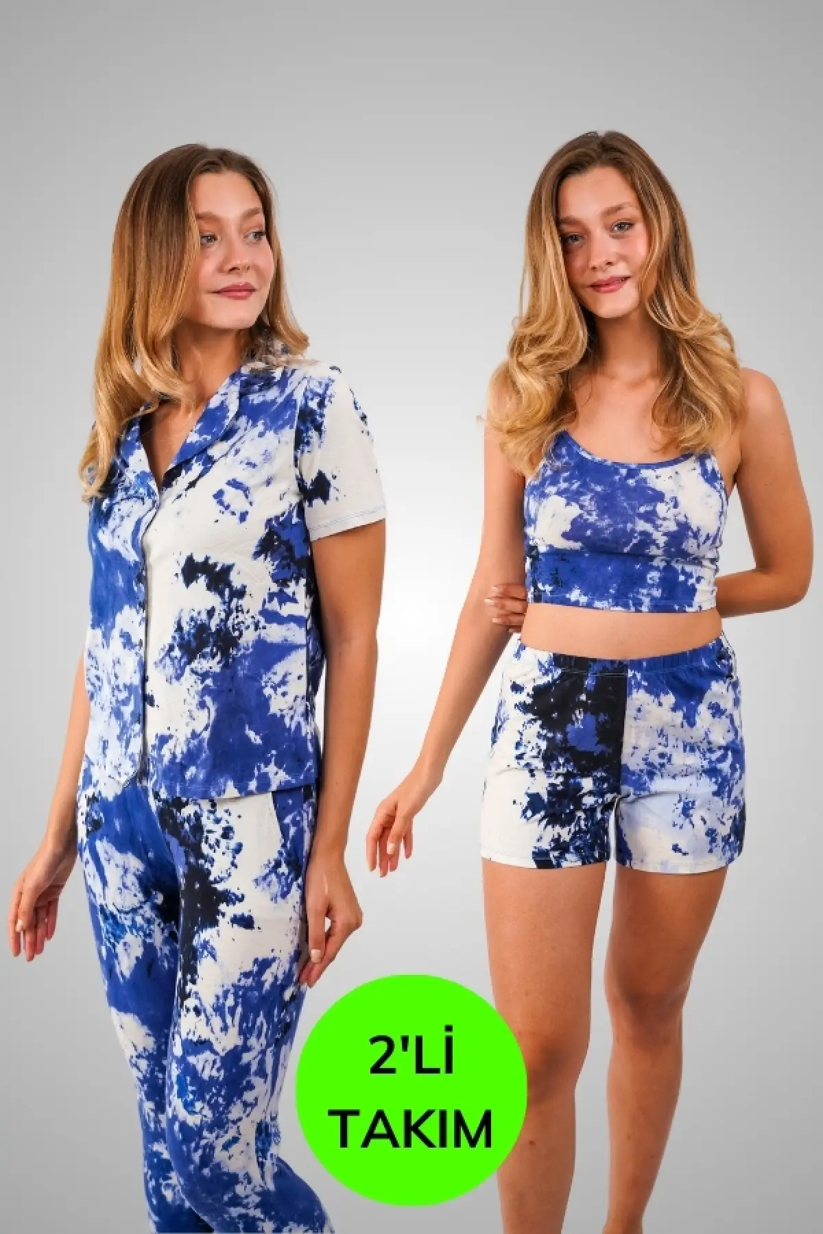 2 Li Mavi Batik Desenli Pamuklu Ve Likralı Kadın Rahat Pijama Takımı