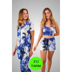 2 Li Mavi Batik Desenli Pamuklu Ve Likralı Kadın Rahat Pijama Takımı