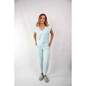 Volanlı Pamuklu Ve Likralı Kadın Rahat Turkuaz Pijama Takımı