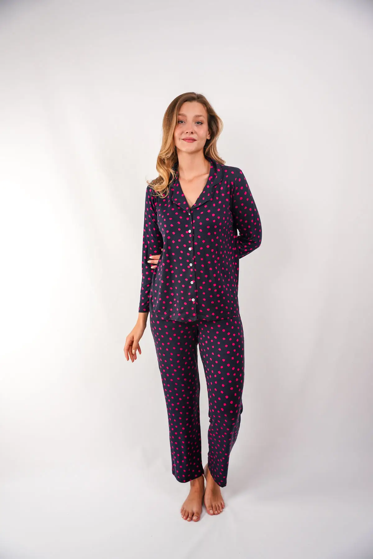 Pembe Puantiyeli Uzun Kollu Pijama Takımı