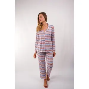 Yumuşak Dokulu Ve Renkli Çizgi Desenli Kadın Pijama Takımı